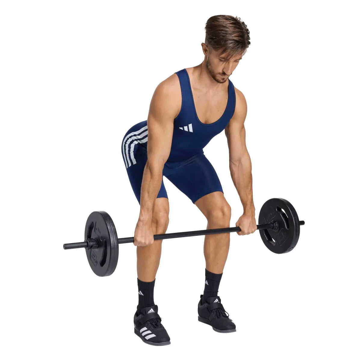 Bagian belakang setelan angkat besi adidas Powerlift dengan desain ergonomis berwarna biru.
