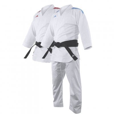 Zestaw Adidas Adizero 2.0 Kumite Karategi z podwójną czerwono-niebieską kurtką.