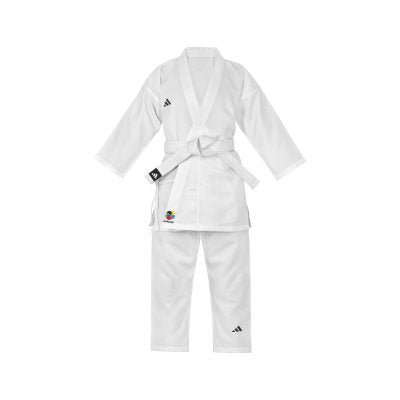KARATEGI Adidas K150 Kumite putih WKF menyetujui tampilan depan penuh.
