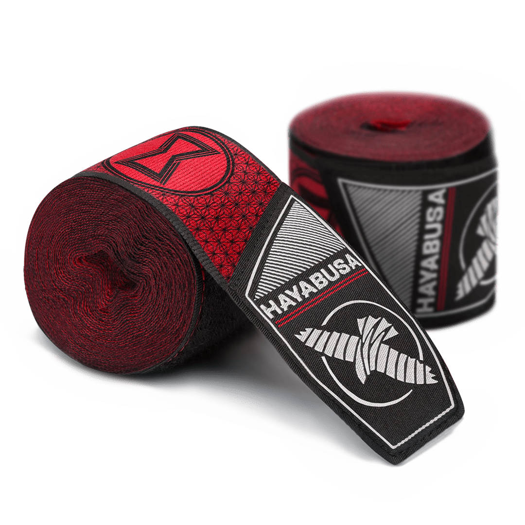 Par de bandagens enroladas Hayabusa Marvel Hero Elite Black Widow com logotipo de ampulheta vermelho