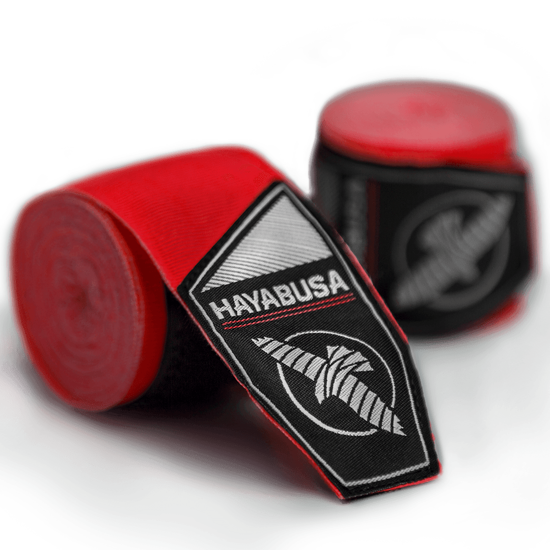 Par de bandagens de boxe Hayabusa Perfect Stretch Youth vermelhas enroladas para pequenos atletas