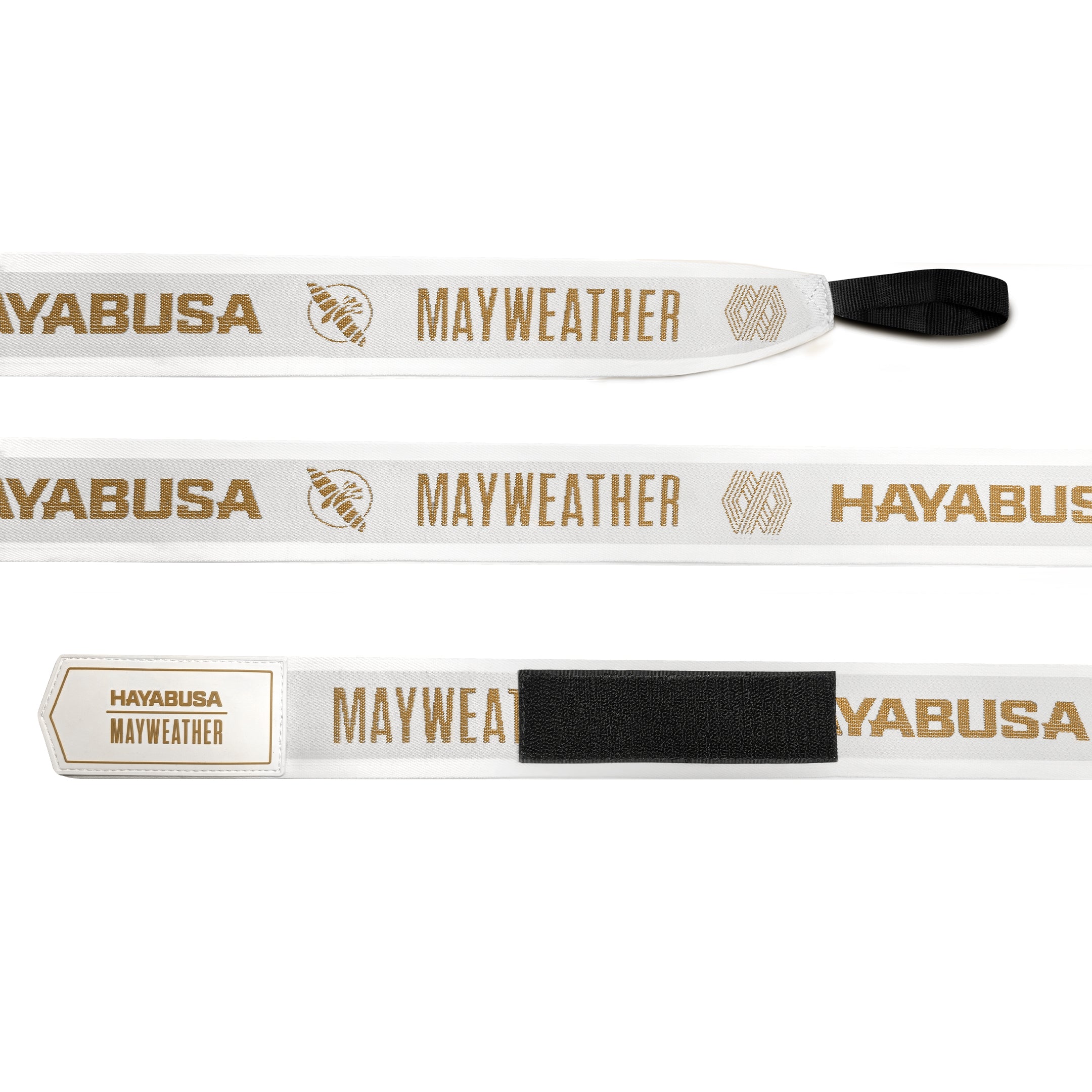Bende da boxe Mayweather Deluxe bianche e oro srotolate che mostrano il tessuto tecnico in nylon