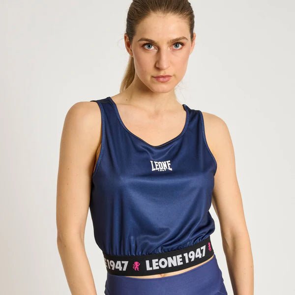 Niebieski, krótki damski podkoszulek LEONE Stripe '47 z oryginalną sportową grafiką