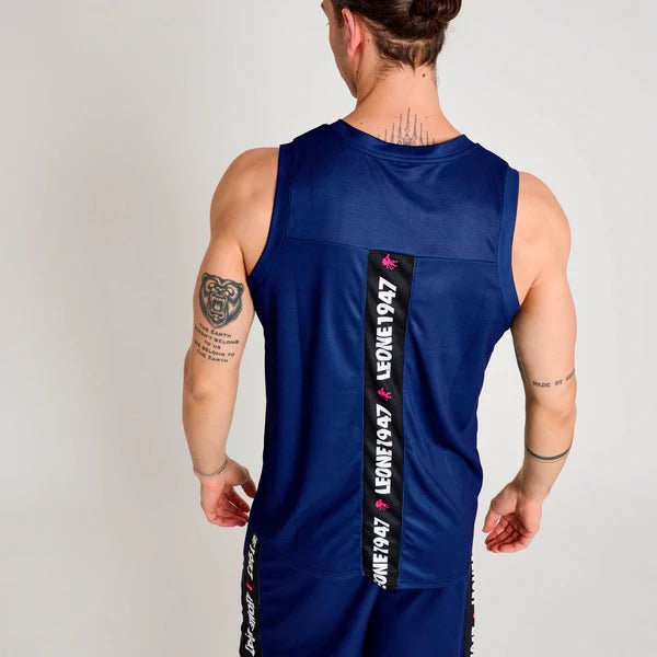 Rear view of the blue Stripe 47 tank top highlighting the ergonomic cut