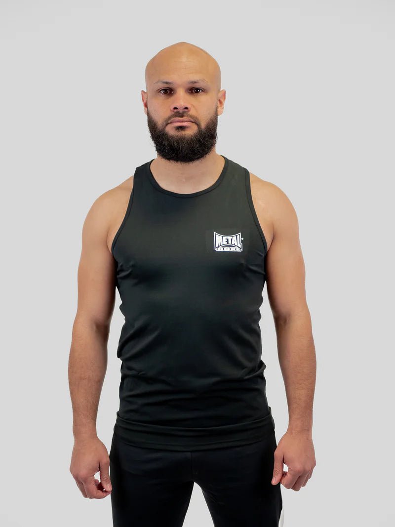 Framifrån av det svarta Metal Boxe BF tekniska linne i lycra för fransk boxning