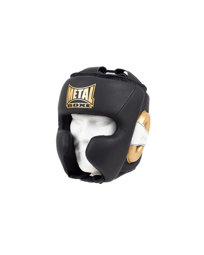 Vue de face du casque Metal Boxing Legacy en cuir noir et doré, design professionnel
