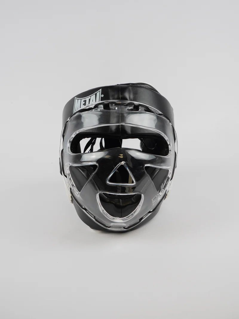 Vue de face du casque Metal Boxing avec visière de protection intégrée en polycarbonate