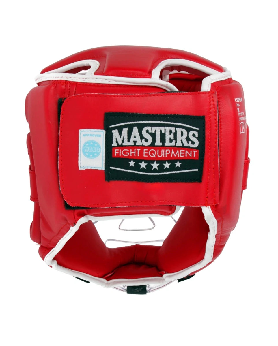 Achteraanzicht van de rode WAKO-helm met detail van de verstelbare klittenbandsluiting