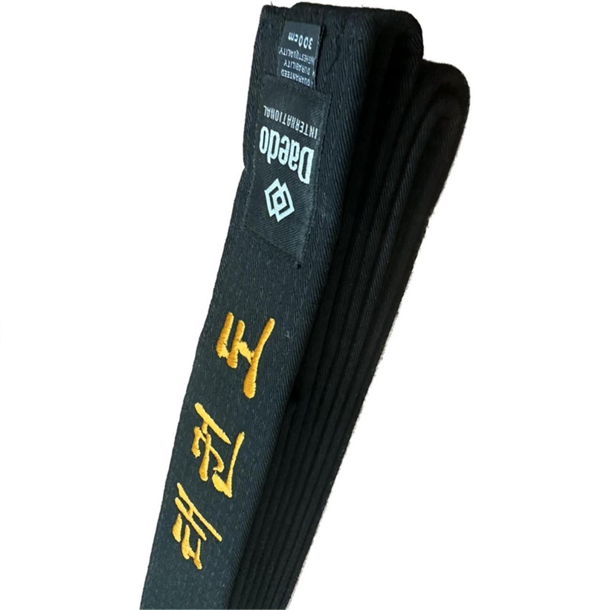 Detail of the gold embroidery with Korean ideograms on the black Daedo belt