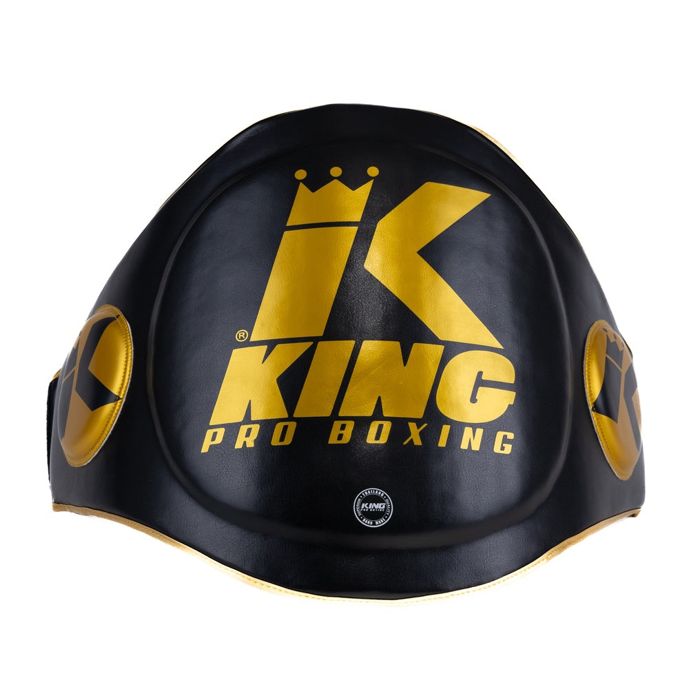 King Pro Boxing master's belt in black and gold with multi-layer abdominal protection.