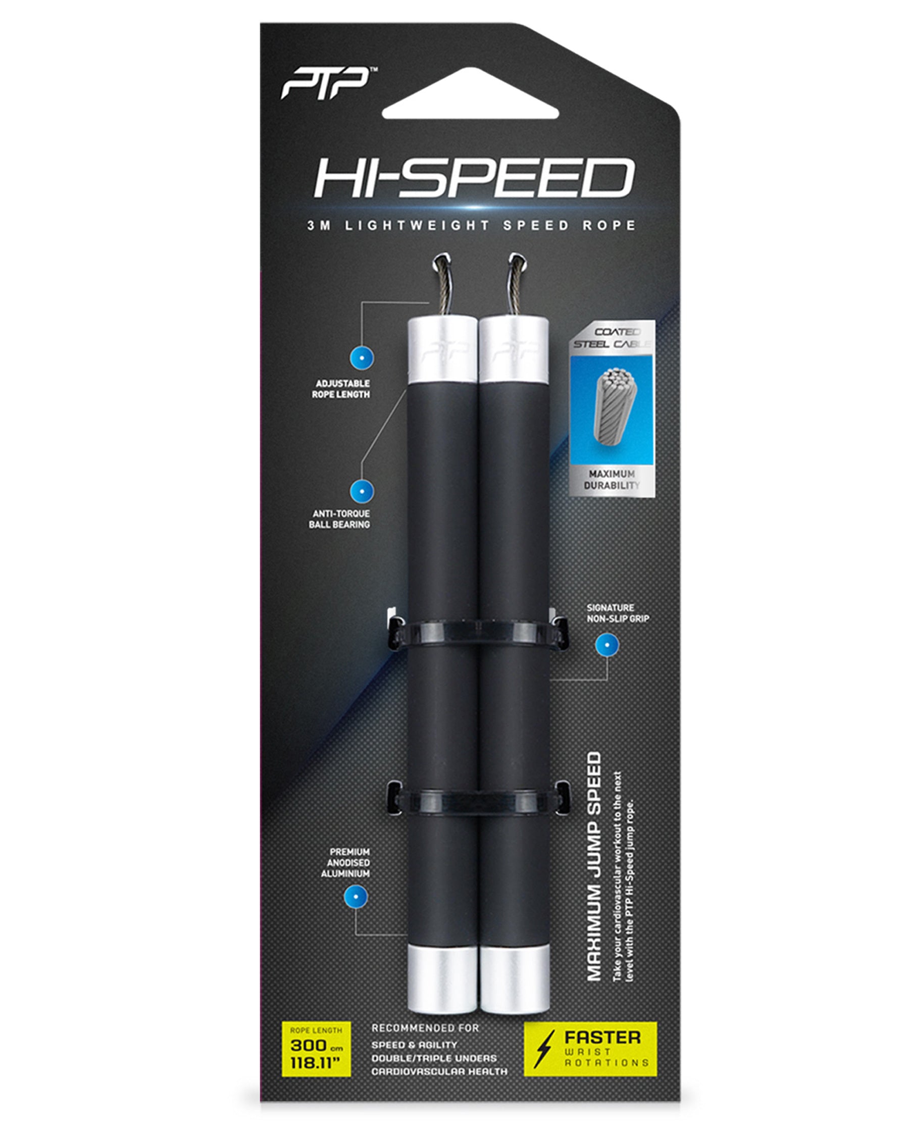 Vista intera della corda per saltare veloce PTP Hi Speed Rope di colore nero con manici in alluminio