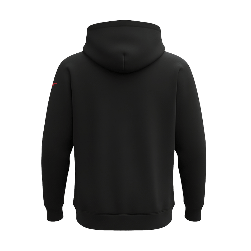 Judo Mizuno Fuji sweatshirt op de achterkant met zwarte capuchon en witte logo's.