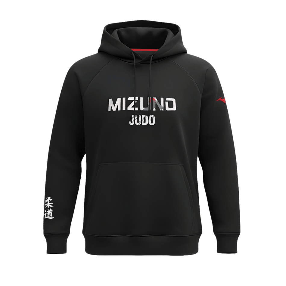 Mizuno Fuji Judo sweatshirt met zwarte capuchon en witte logo's.
