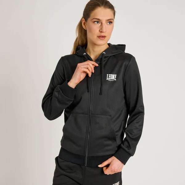 Front view of the Leone 1947 Logo light sweatshirt in black with zip