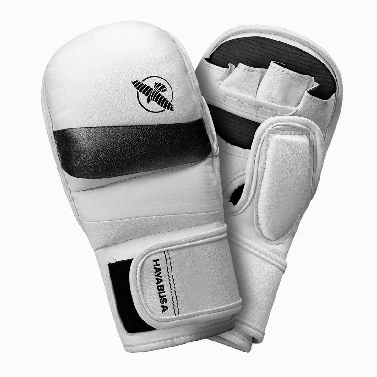 Sarung tangan MMA putih Hayabusa T3 Hybrid 7oz, desain modern dan teknis untuk latihan menyerang dan gulat.