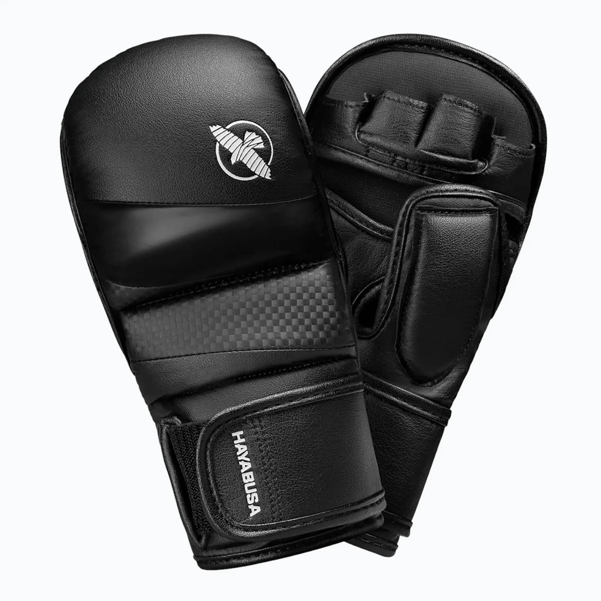 Sarung Tangan Hayabusa T3 Hybrid MMA 7oz hitam, tampilan depan peralatan olahraga tempur profesional.