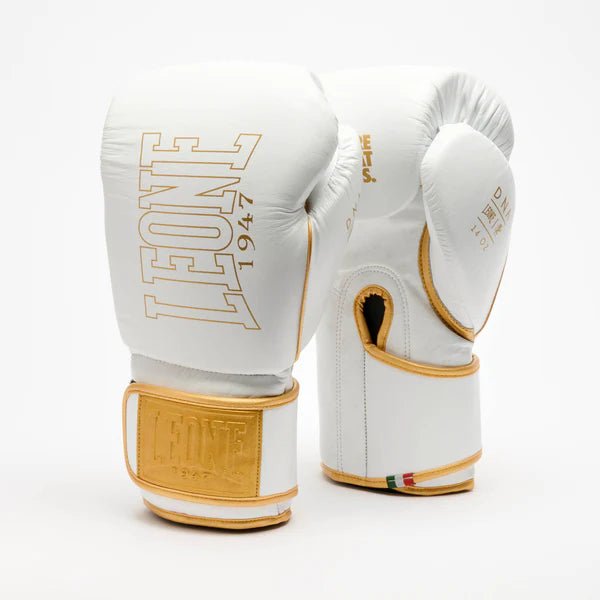 Elegantes luvas de boxe LEONE DNA Premium brancas em couro de búfalo