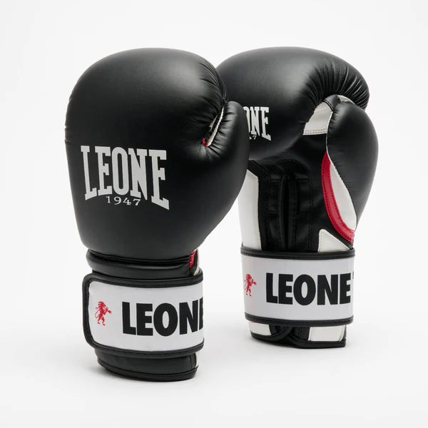Paire de gants de boxe LEONE Stripe '47 noirs avec graphismes blancs emblématiques