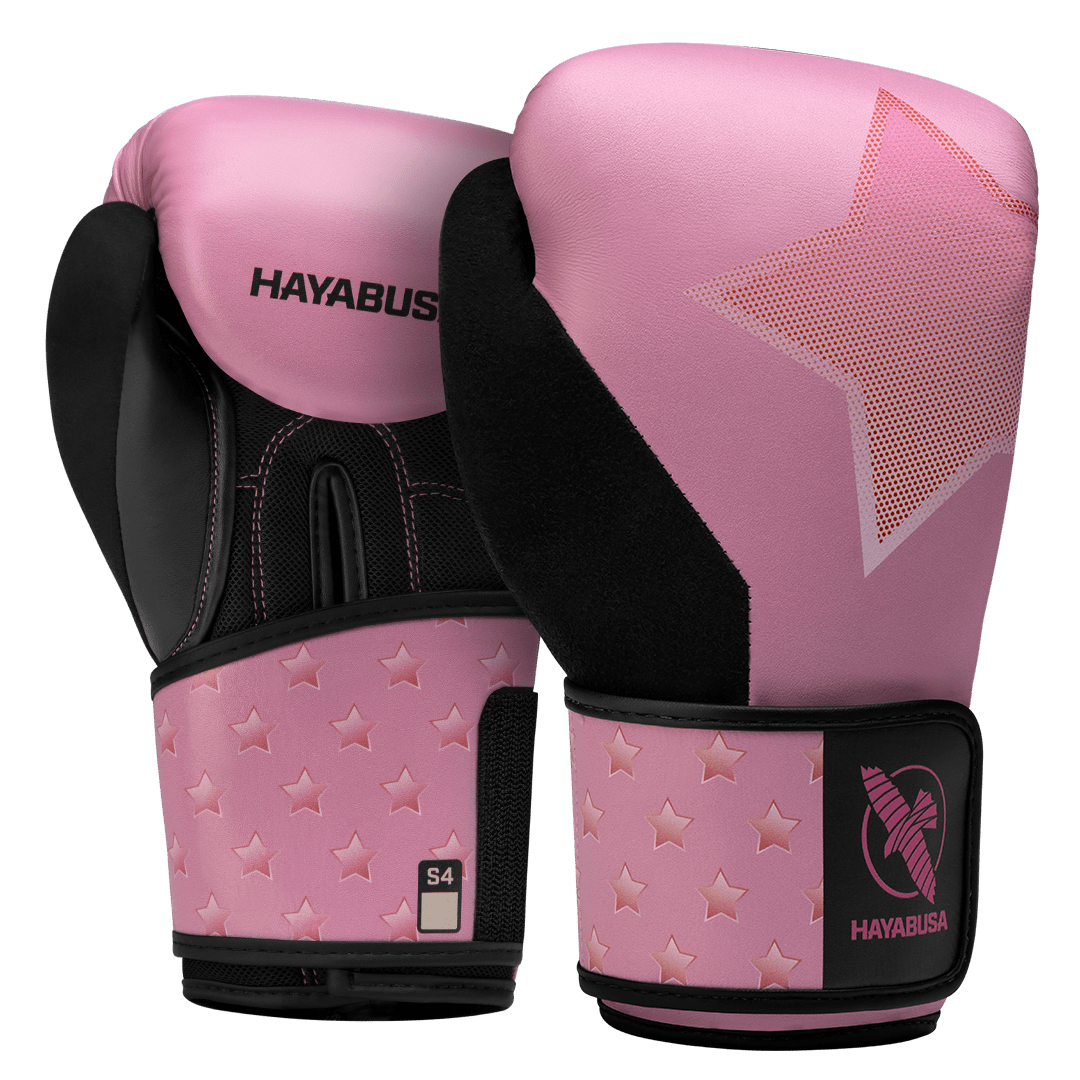 Ett par Hayabusa S4 Youth Epic boxningshandskar för tjejer med rosa och lila glittrande stjärngrafik