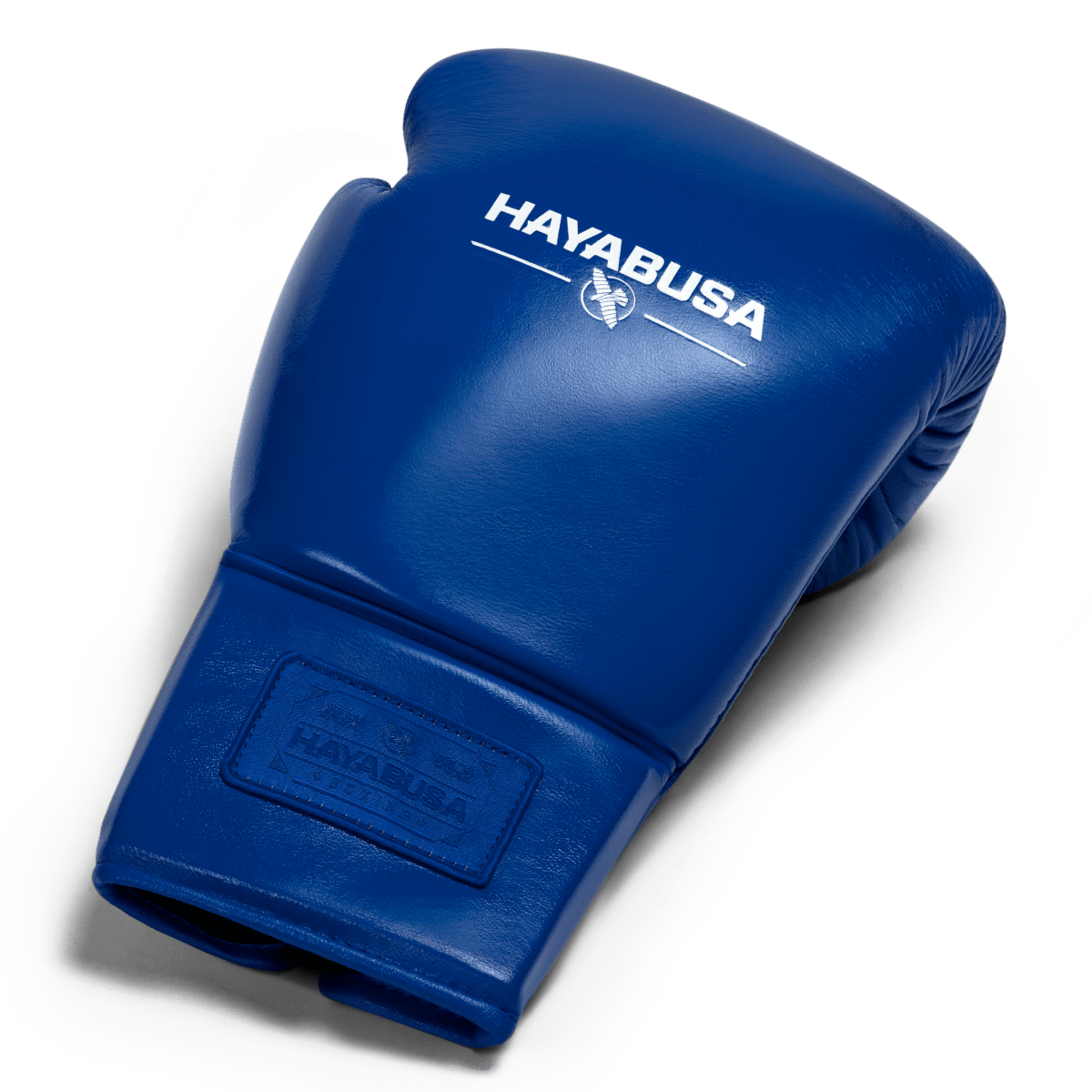 Ovanifrån av en enda koboltblå Hayabusa Pro Lace boxningshandske, som visar vaddering och fullnarvigt läder
