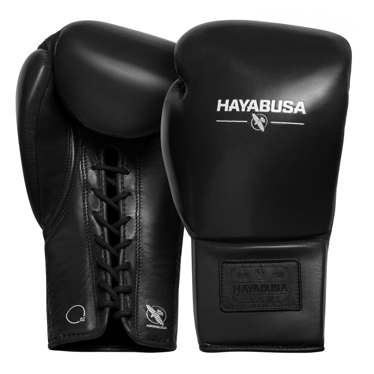 Paire de gants de boxe noirs Hayabusa Pro Lace, vue d'ensemble avec sac en microfibre