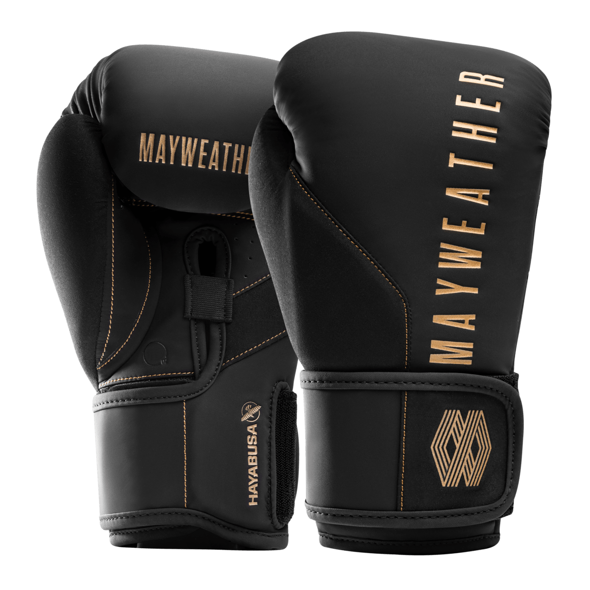 Gants de boxe Mayweather Champ noirs et dorés vus de face en gros plan.