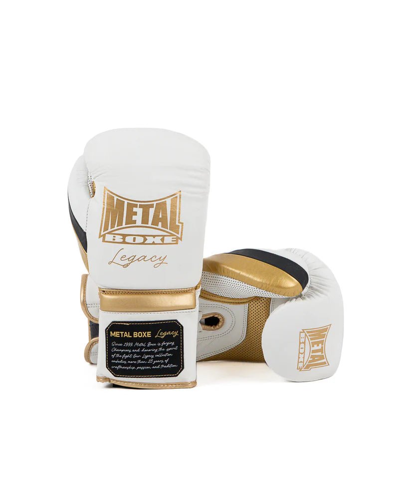 Paire de gants Metal Boxing Legacy blancs, fabrication artisanale avec lacets