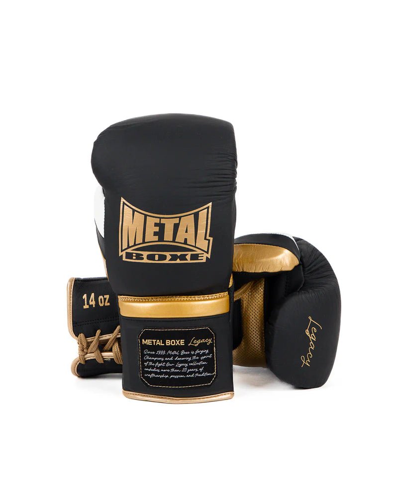Paire de gants Metal Boxing Legacy Sparring noirs, protection professionnelle avec lacets