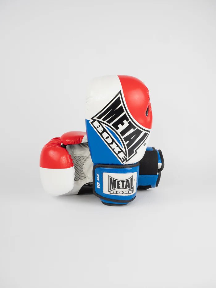 Vue de face des gants tricolores bleu blanc rouge Metal Boxe Competition