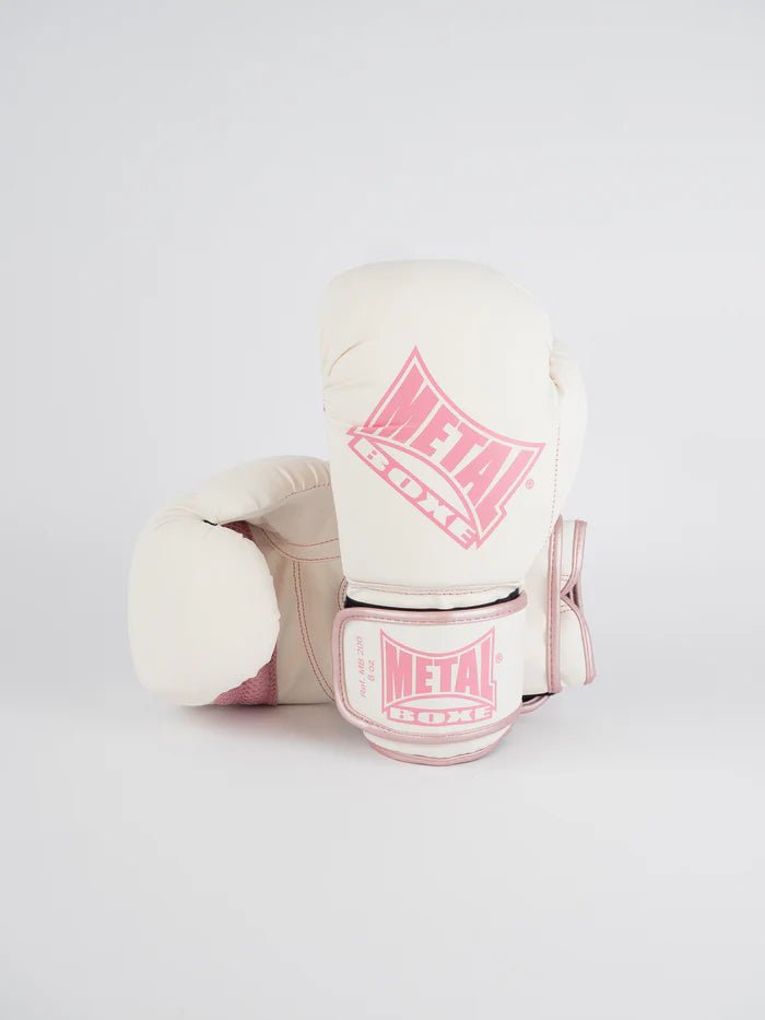 Vue de face des gants d'entraînement de boxe MB200 Metal blancs et roses pour enfants et adultes