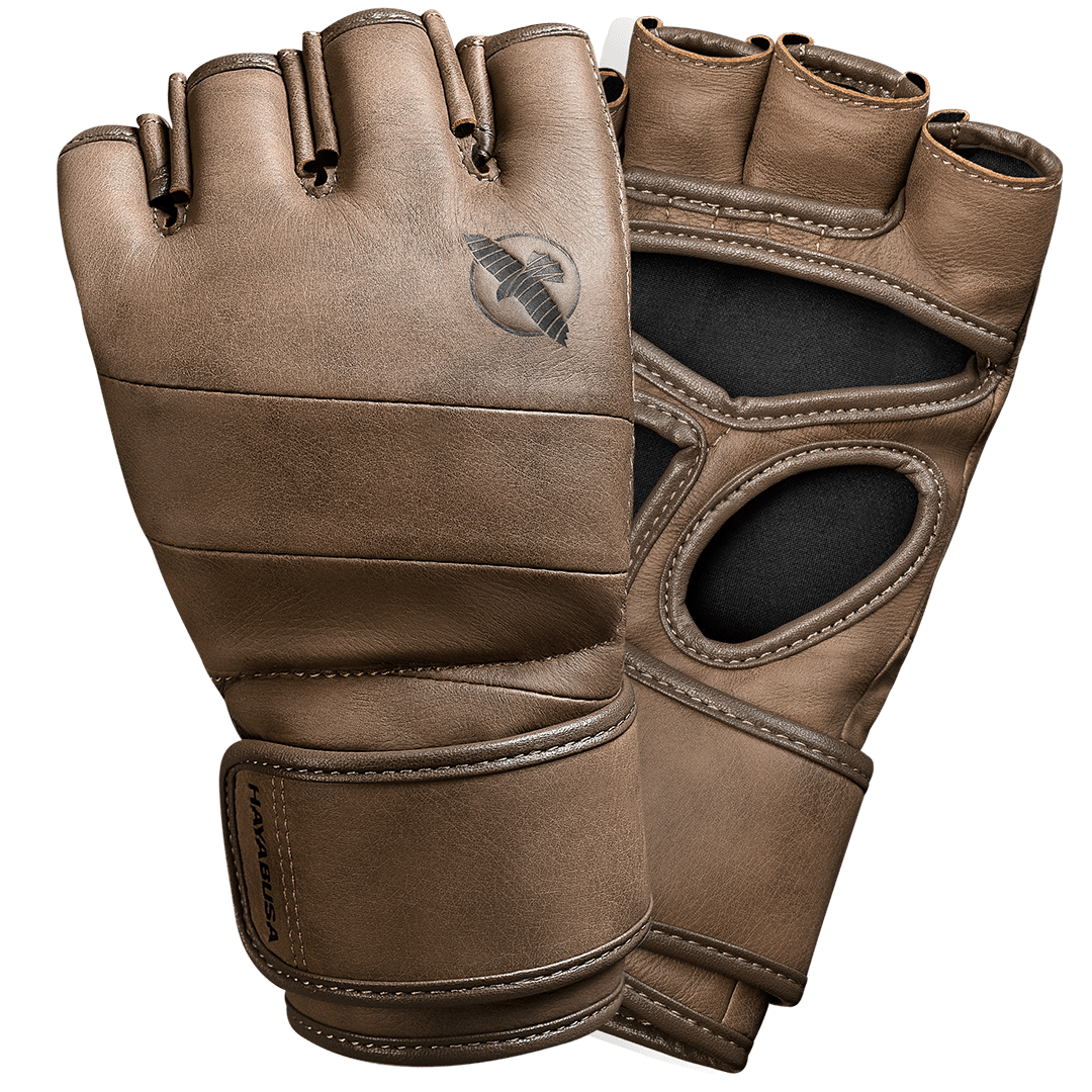 Pair of Hayabusa T3 LX 4oz MMA gloves in fine vintage brown leather, overall view