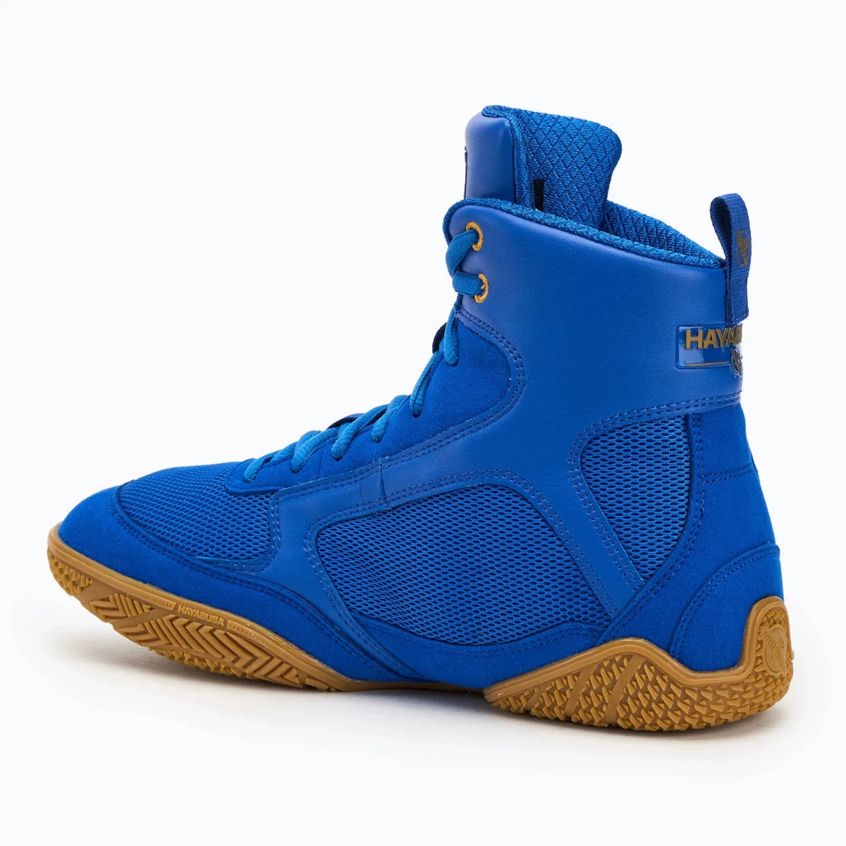 Side view blue Hayabusa Pro boxing shoes in breathable mesh.