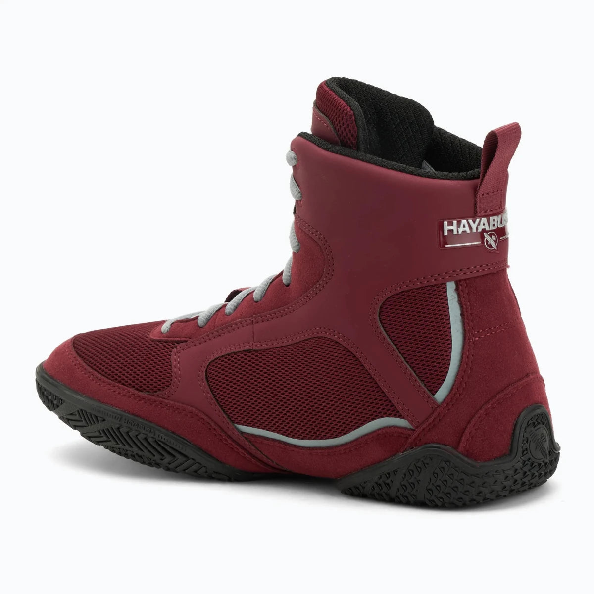 Ergonomic side design burgundy Hayabusa Pro boxing shoes.