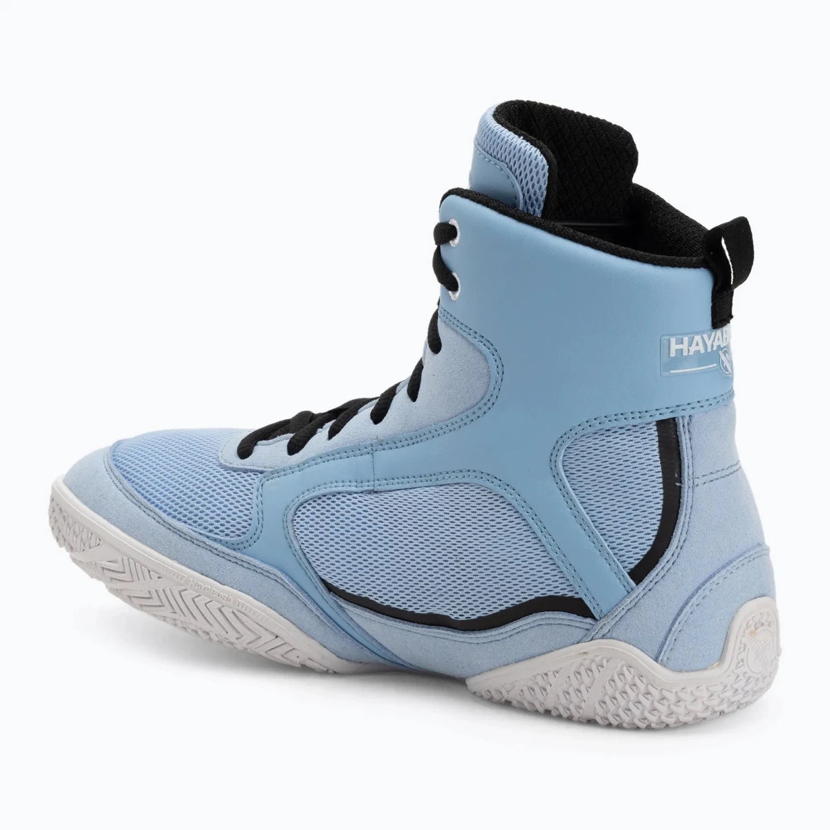 Profile view light and ventilated Hayabusa Pro light blue boxing shoes.