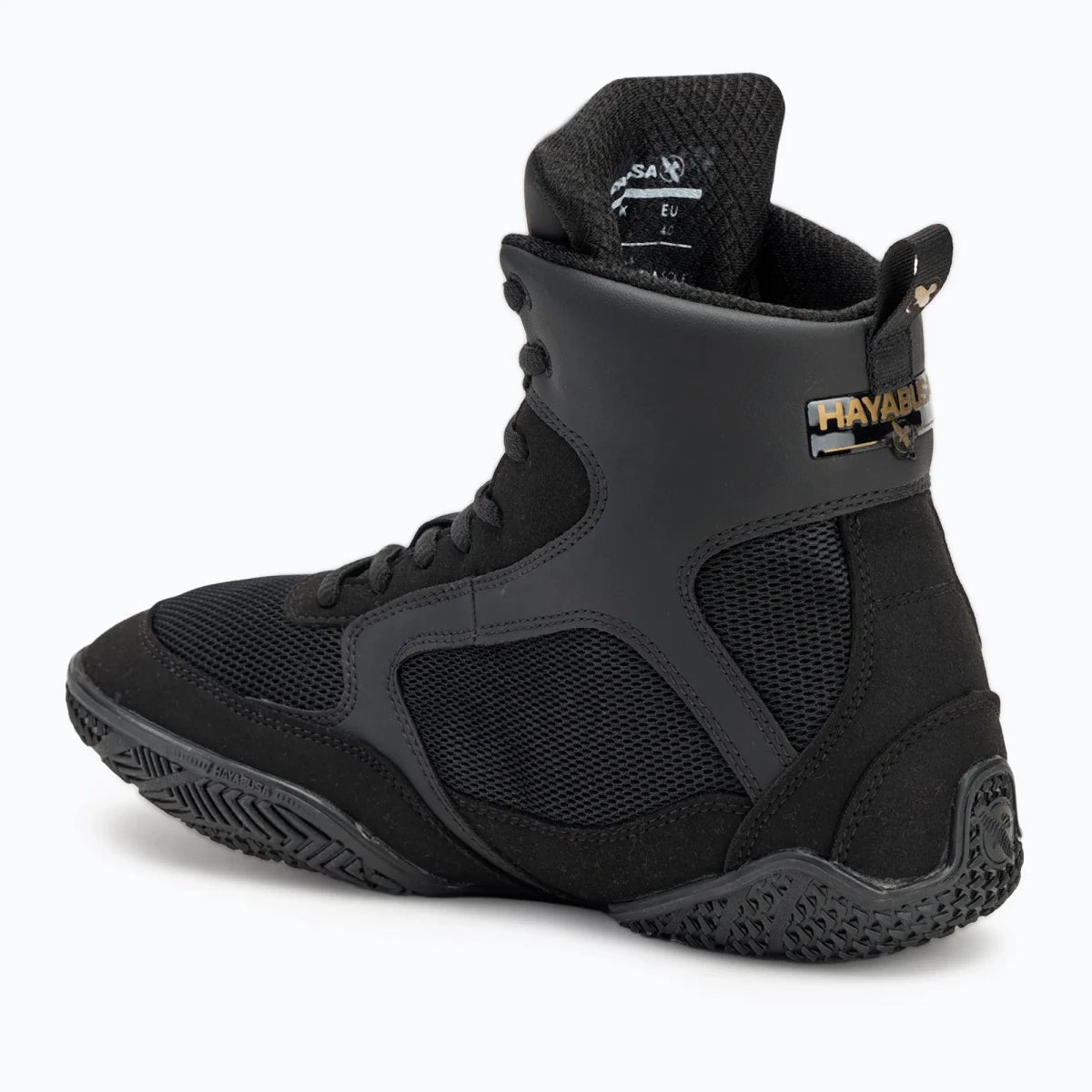 Technical design Hayabusa Pro boxing shoes black and gold profile.
