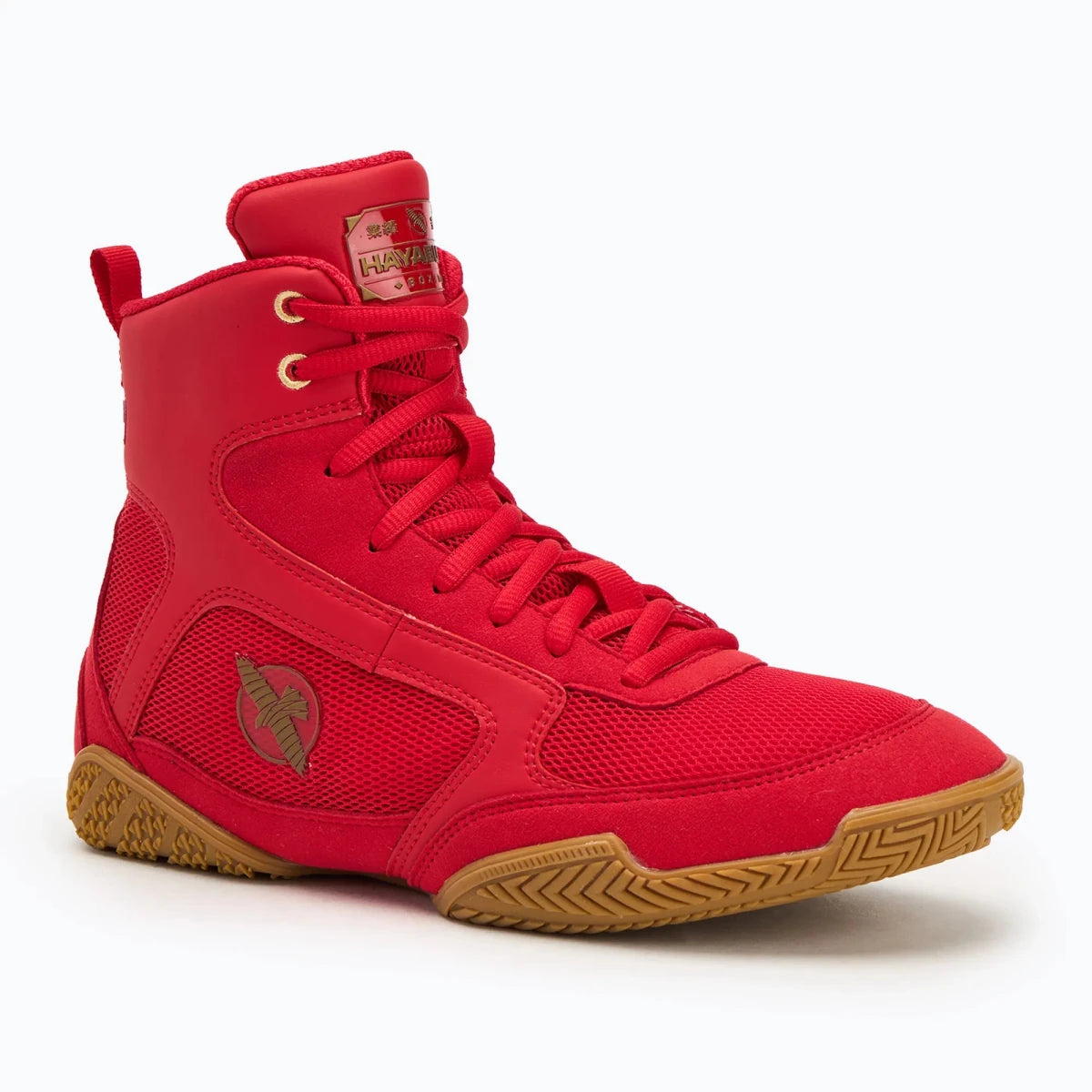 Padded ankle support red Hayabusa Pro boxing shoes rear view.