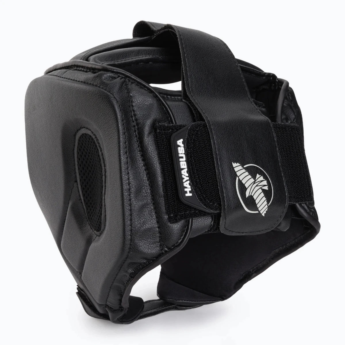 Detail of the materials and padding of the black Hayabusa T3 boxing helmet.