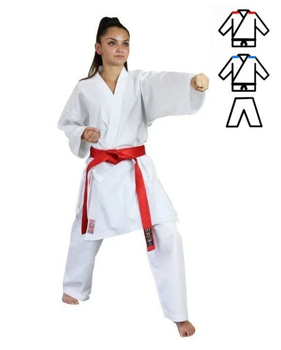 Karategi Itaki Wettkampfset mit Doppeljacke mit roter und blauer Stickerei