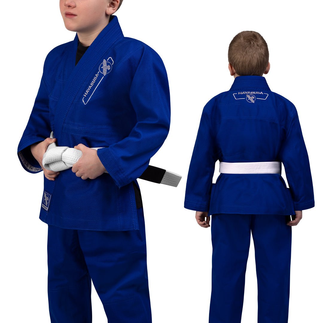 Kombinerad fram- och bakvy av den kungliga blå Hayabusa Essential Kids BJJ-kimonon