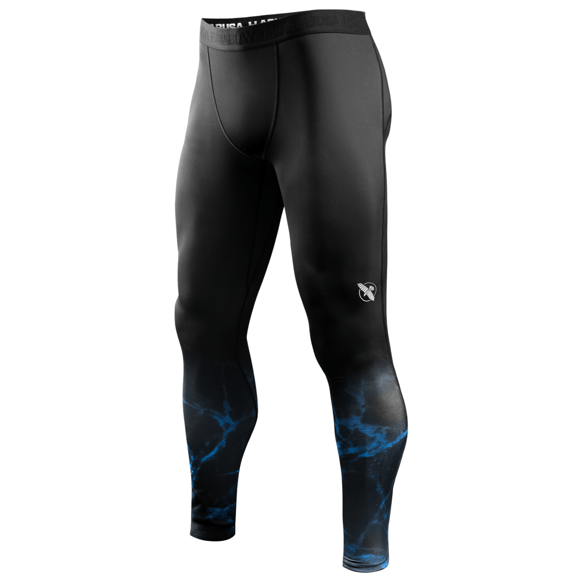 Front view of the official UFC BJJ Spats compression leggings in black with blue accents and logos