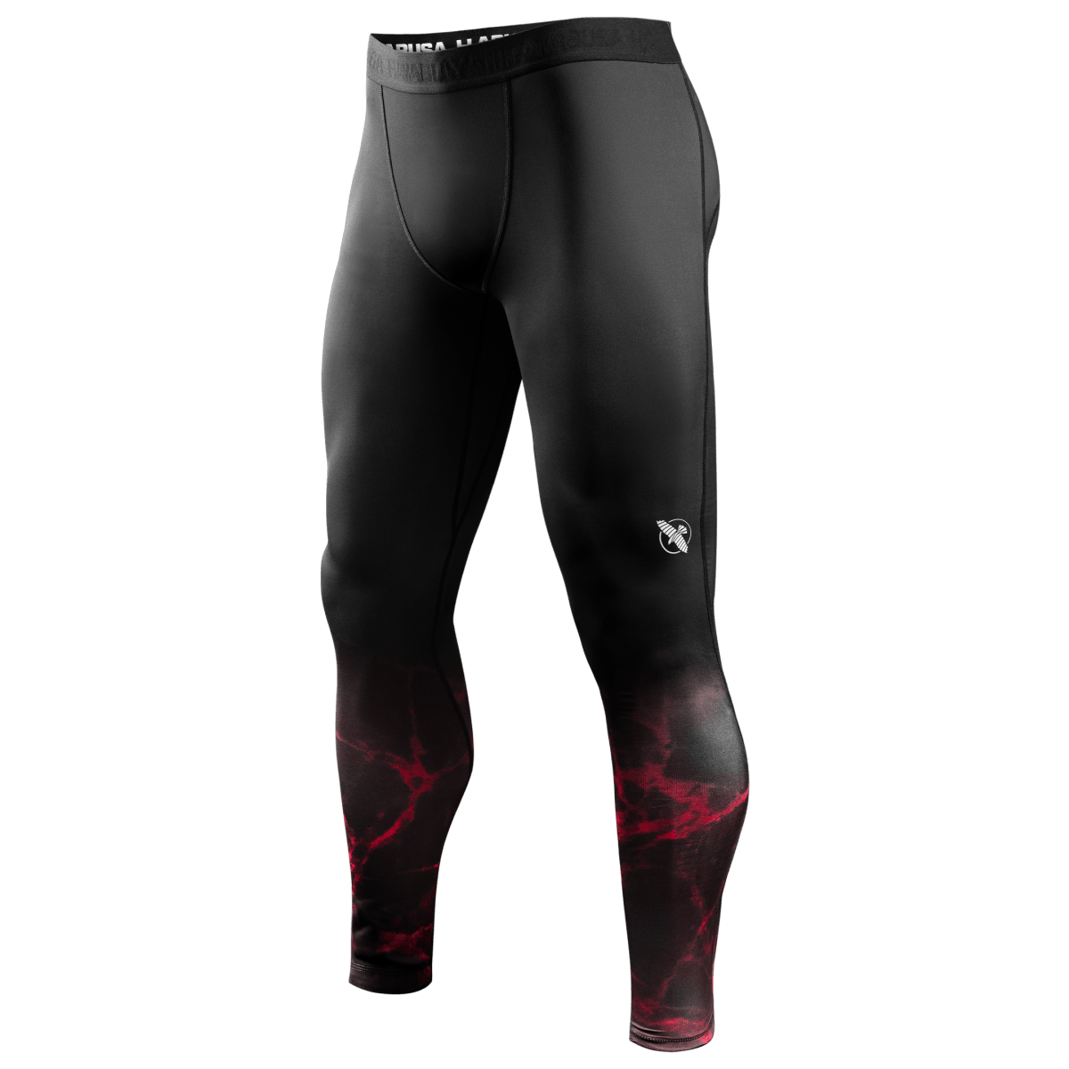 Vue de face du legging de compression noir UFC BJJ Spats avec détails et logos rouges
