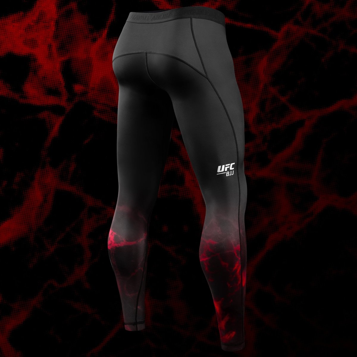 Rear view of the black and red UFC BJJ Spats leggings, showing the ergonomic cut and flatlock seams