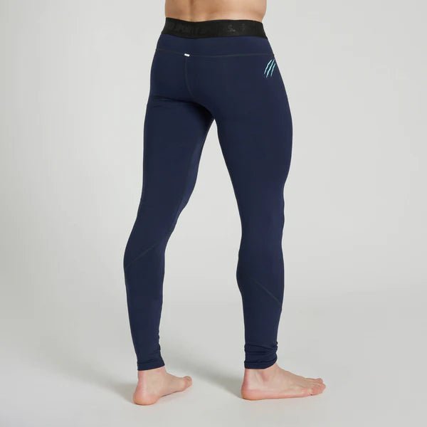 Rear view of blue Leone leggings, protection from abrasion
