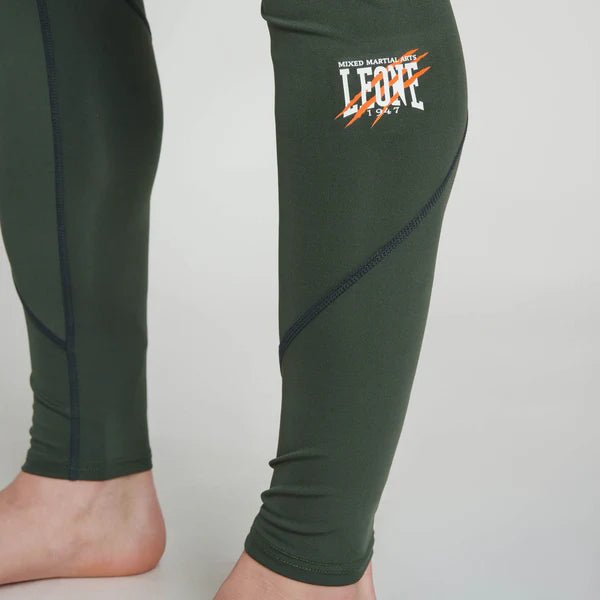 Detail of the technical prints and the Leone writing on the green leggings