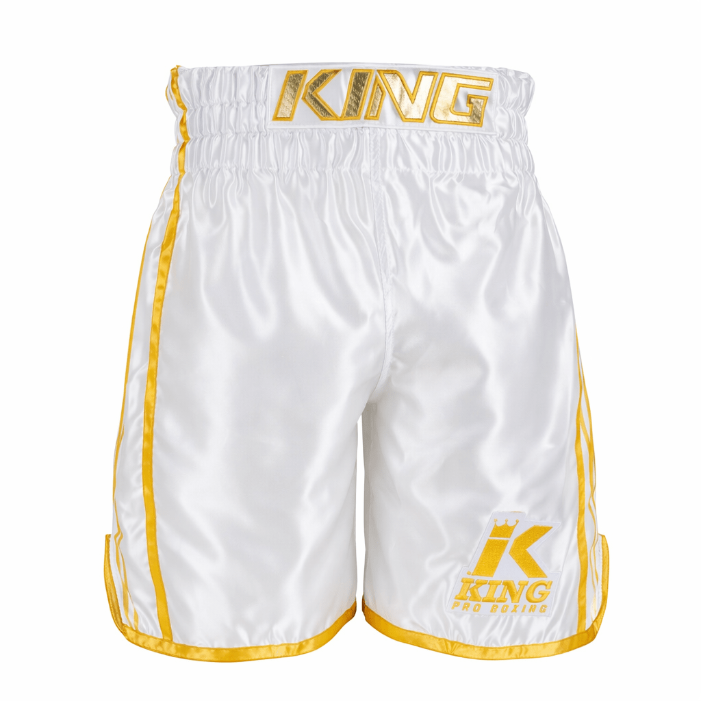 Celana pendek tinju putih Seri King Pro Boxing XK dengan bahan satin mengkilap berkualitas tinggi