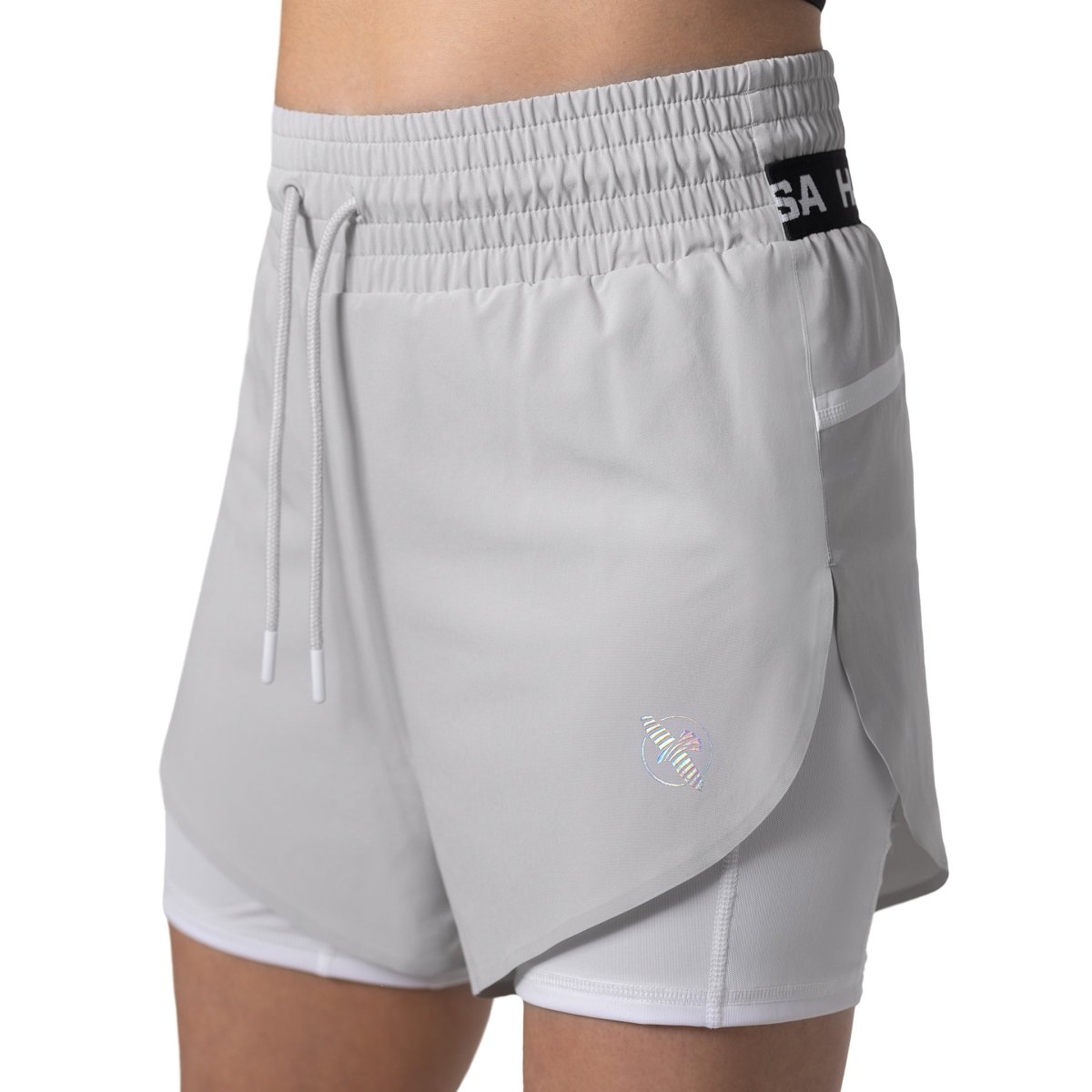 Front view of the gray Hayabusa Mid Rise women's sports shorts with visible logo