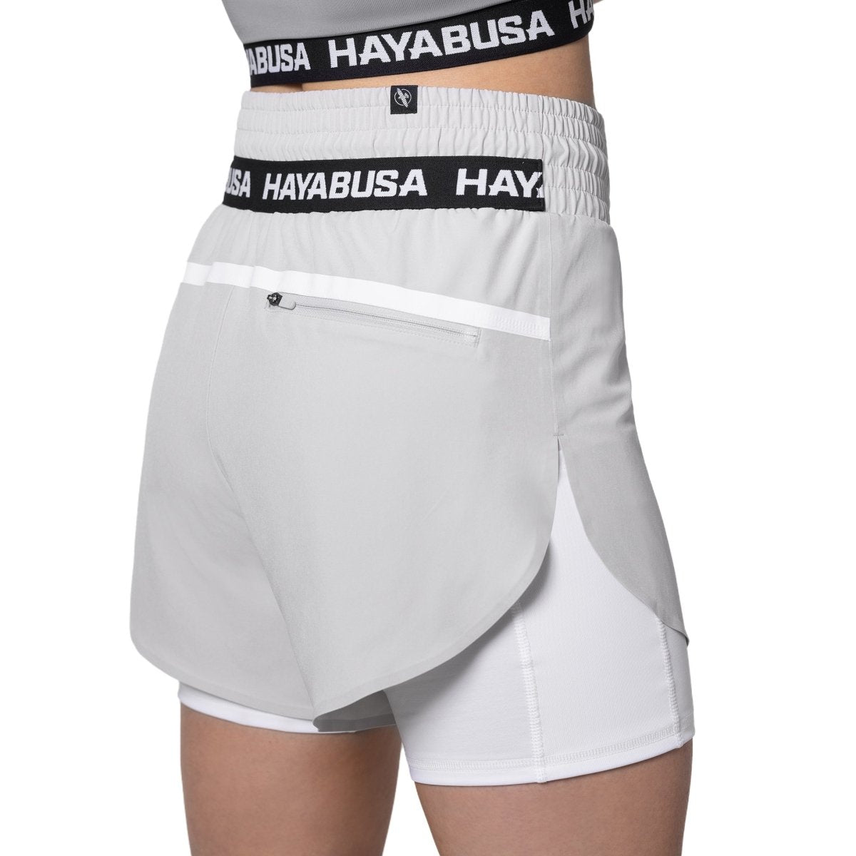 Rear view of the gray Hayabusa shorts showing the mid-rise fit