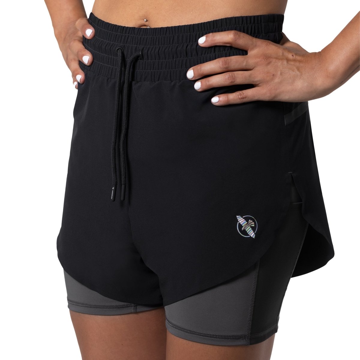 Front view of the black Hayabusa Mid Rise women's double layer shorts with logo on the leg