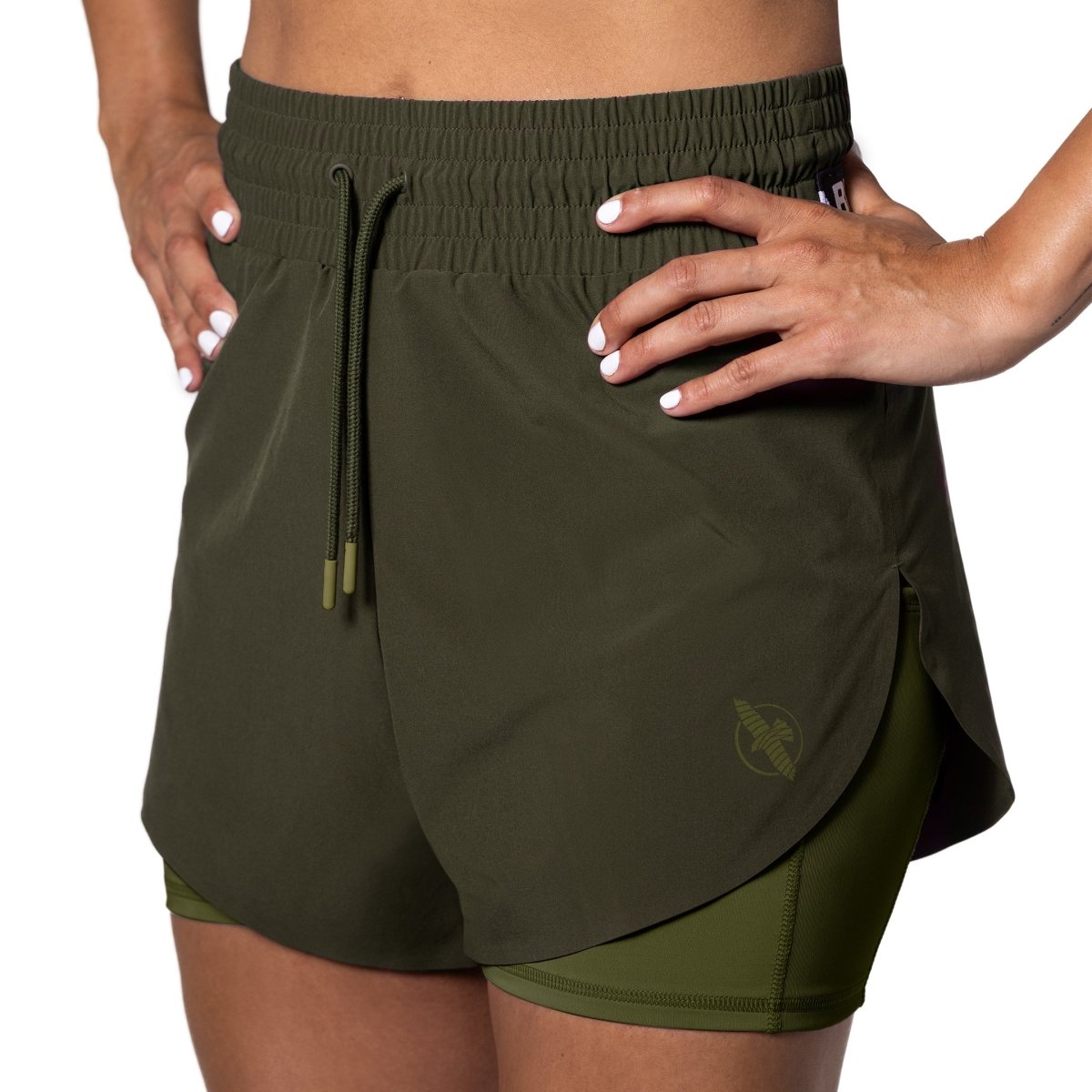 Front view of the women's Hayabusa Mid Rise olive green sports shorts with logo