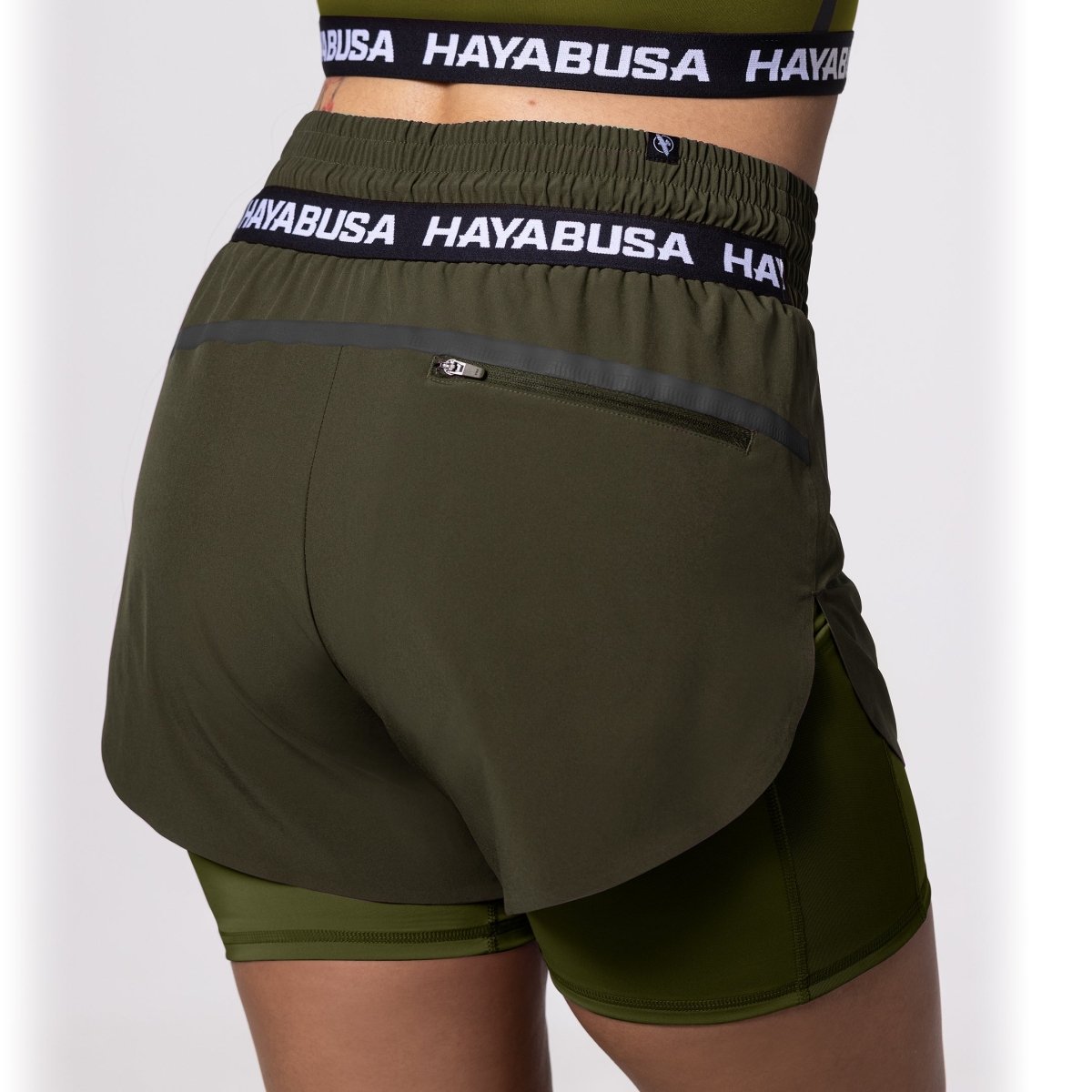 Rear view of the olive green Hayabusa shorts with elastic waist detail